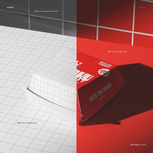 Burger box packaging mockup shown in split view, with one half in wireframe and the other half in red design, front angle.
