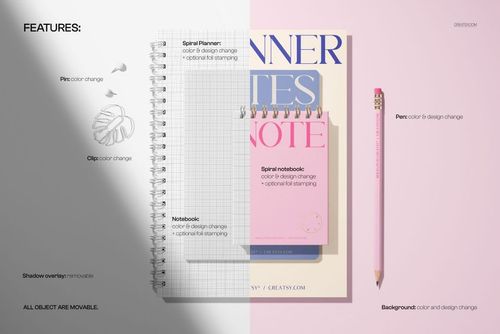 Stationery set mockup featuring a spiral planner, spiral notebook, pencil, and paper clip arranged on a split gray and white background.