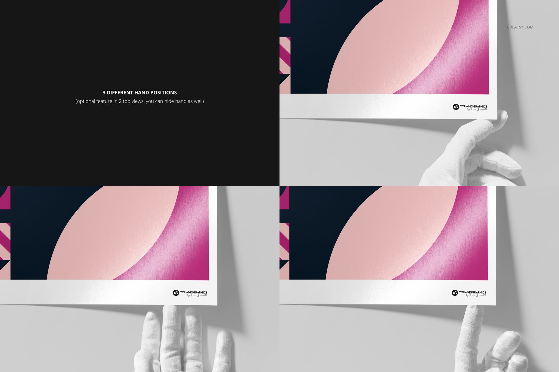 A3 fine art print mockup showing a close-up of a glossy paper corner with three white-gloved hand positions.