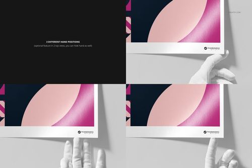 A3 fine art print mockup showing a close-up of a glossy paper corner with three white-gloved hand positions.