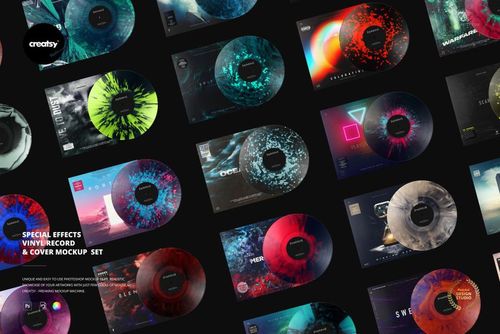 Top-down perspective of several vinyl record mockups with unique cover art, showcasing various bright color effects.