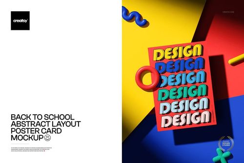 Front view of an abstract poster card mockup with colorful geometric shapes and bold 3D text on a vibrant background.