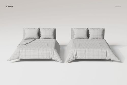 Front view of two modern bedding sets with grid pattern, each with pillows and duvet covers on a plain background.