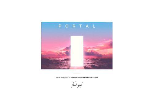 Vinyl record cover mockup featuring a rectangular doorway with glowing white light, set against a pink and blue ocean sunset.