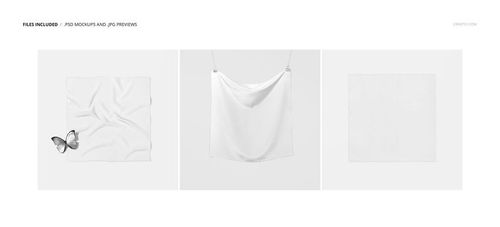 Three white square silk crepe de chine fabric mockups displayed in different arrangements on a light background.