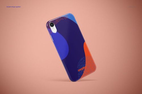 Glossy iPhone XR snap case mockup with abstract blue and orange pattern, angled front view on a peach background.