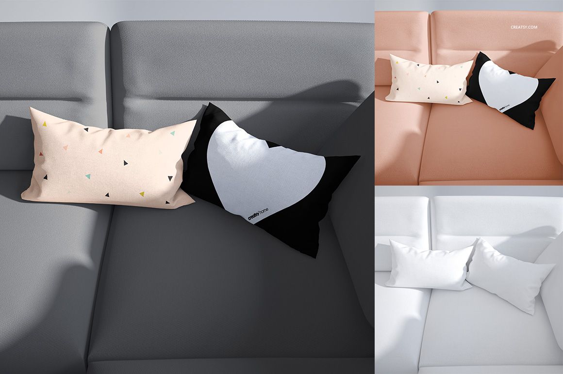 Set of two pillows with minimal designs displayed on a sofa, featuring neutral and pastel colors in a PSD mockup.