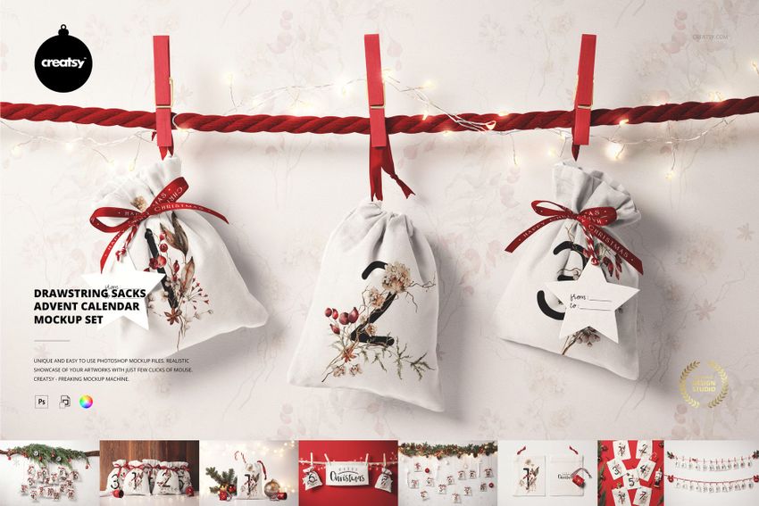 Front view of three drawstring sacks with Christmas-themed illustrations hanging on a red rope, part of an advent calendar mockup.
