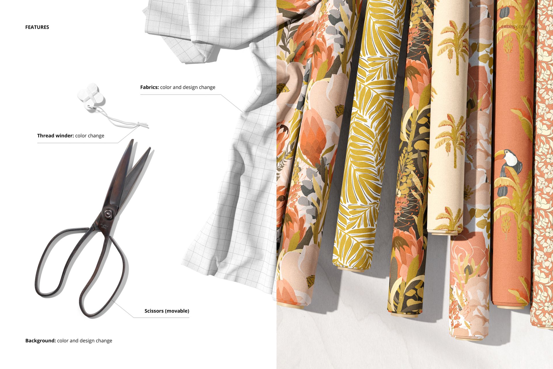 Fabric rolls mockup displaying assorted floral prints and tropical motifs, shown from a top-down perspective.