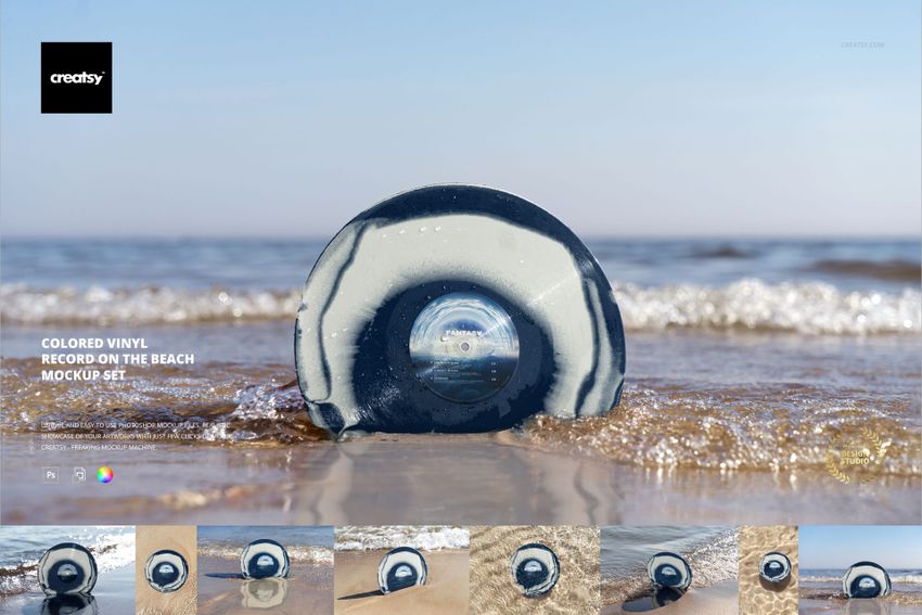 Colored Vinyl Record on the Beach Mockup Set - mockup screenshot 1