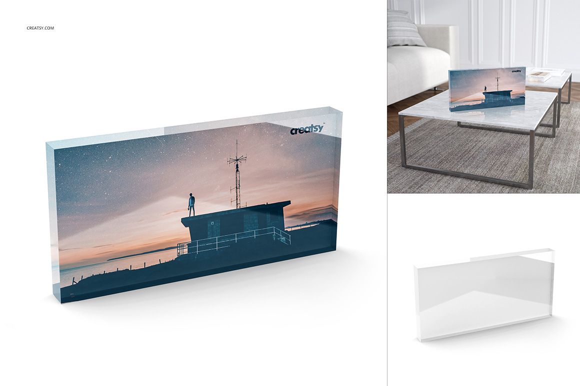Rectangular acrylic tile mockup featuring a dusk scene, displayed in an interior and isolated on a white background.