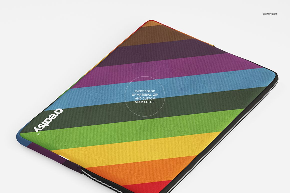 Colorful canvas laptop sleeve mockup featuring bold diagonal stripes, displayed from a slightly elevated perspective.