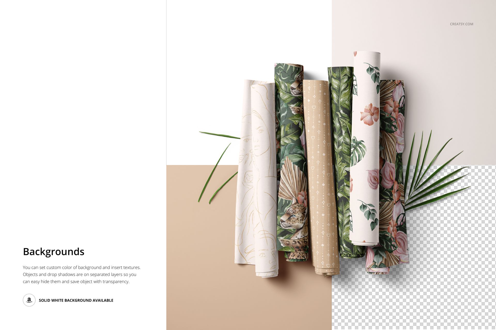 PSD mockup showing multiple fabric rolls with different nature-inspired designs, placed on a neutral two-tone surface.