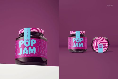 PSD mockup featuring blackcurrant jam jars with vibrant pink and purple labels, shown from front and top angles.