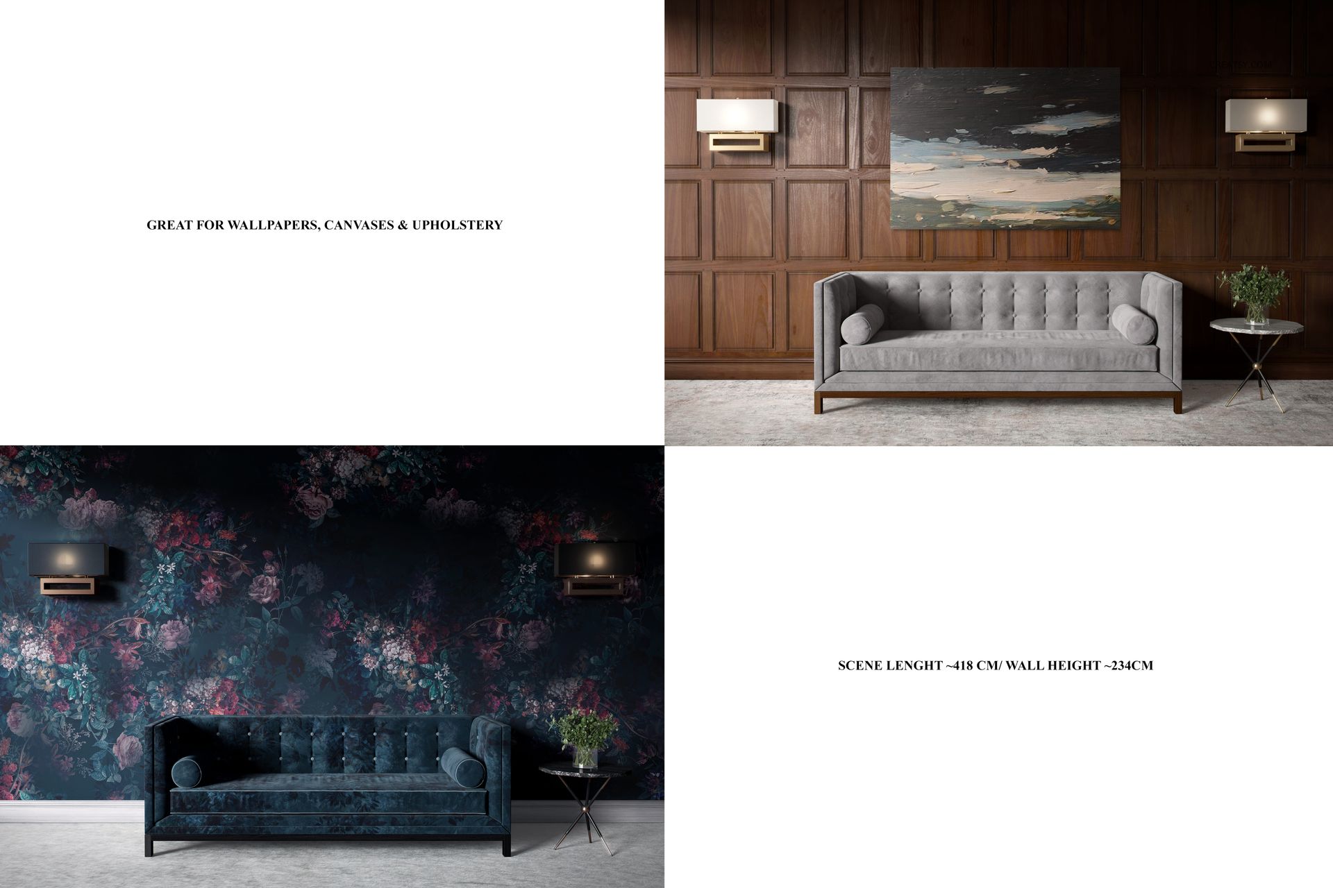Mid-century interior mockup featuring a velvet sofa, canvas print, and dark wood panel wall in a stylish room.