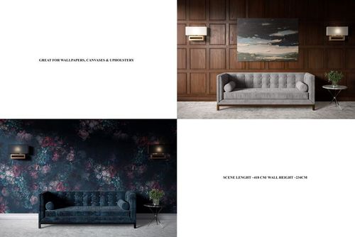 Mid-century interior mockup featuring a velvet sofa, canvas print, and dark wood panel wall in a stylish room.