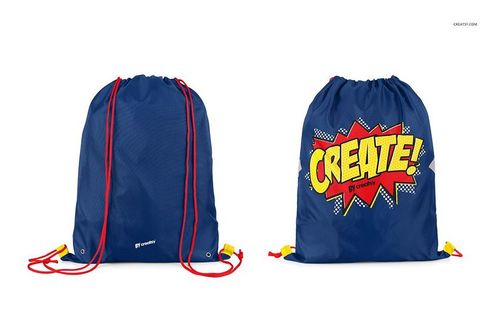 PSD mockup of drawstring backpacks in blue, displaying front and back designs with bold graphics and vibrant red cords.