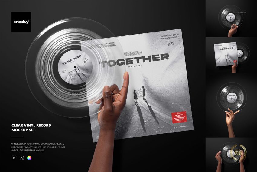Hand holding a clear vinyl record and album cover with grayscale design, shown alongside four vinyl record mockup variations.