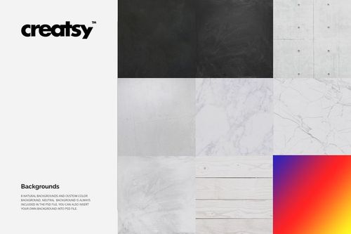 Grid of nine square backgrounds for throw pillow mockup, featuring concrete, marble, wood, and gradient textures.