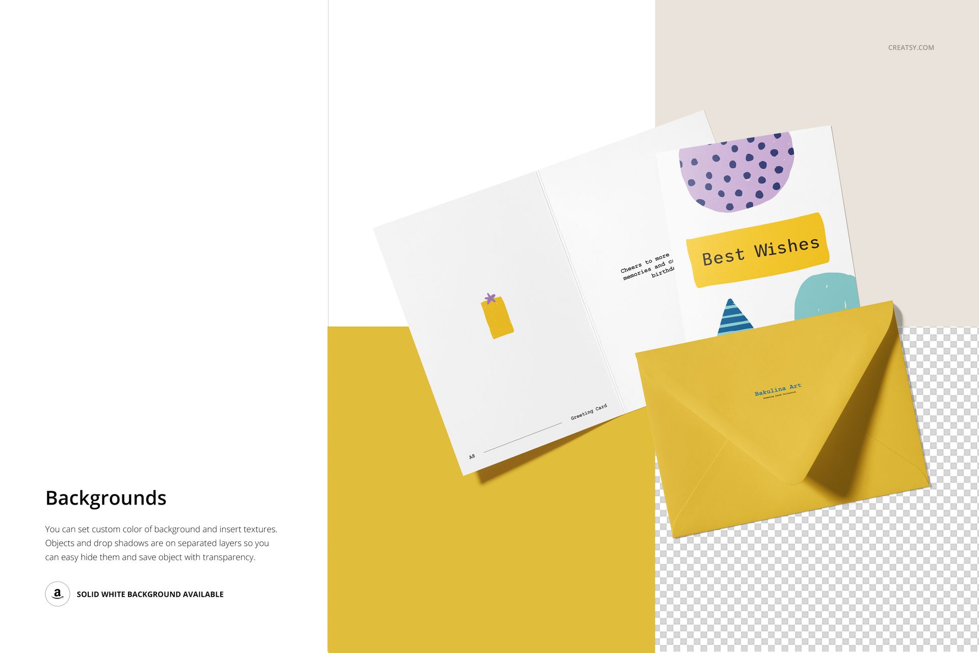 Greeting card mockup set showing an open card, a closed card with colorful geometric patterns, and a yellow envelope on a white and yellow background.