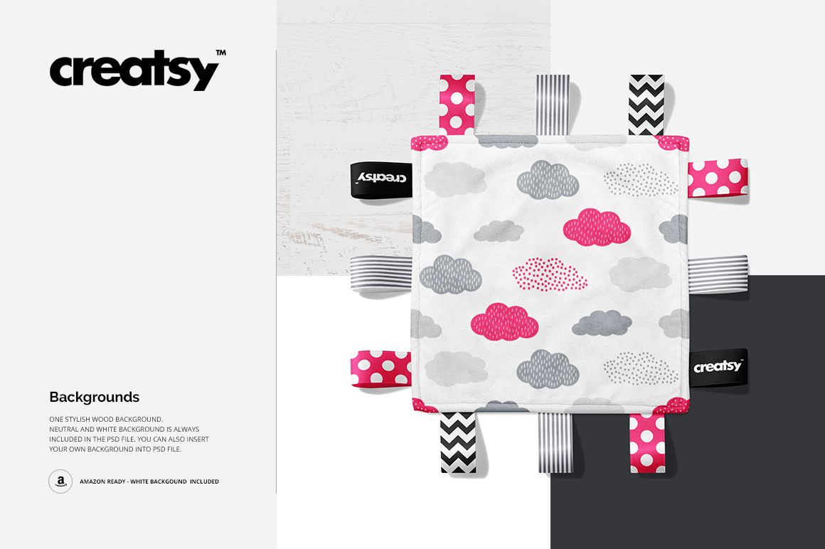 Square taggie blanket mockup with gray and pink cloud pattern, viewed from above on a split wood and white background.