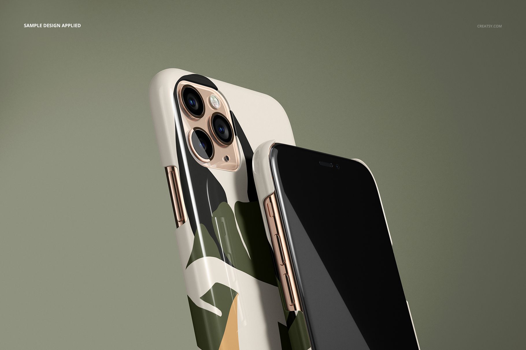 Glossy iPhone 11 Pro case mockup featuring an abstract green and beige pattern, shown from a side angle.