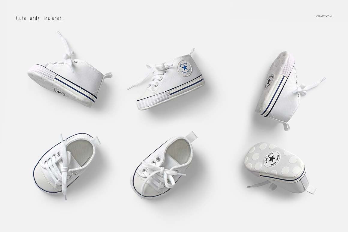 Boys formal shoe mockup with six white shoes shown in various perspectives, highlighting laces and sole details.