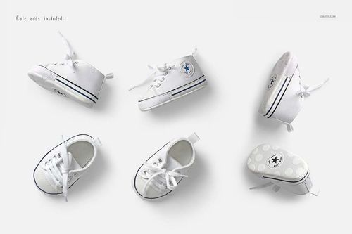 Boys formal shoe mockup with six white shoes shown in various perspectives, highlighting laces and sole details.