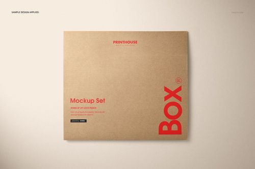 Front view of a rectangular natural kraft box with red text, displayed on a neutral background in a packaging mockup.