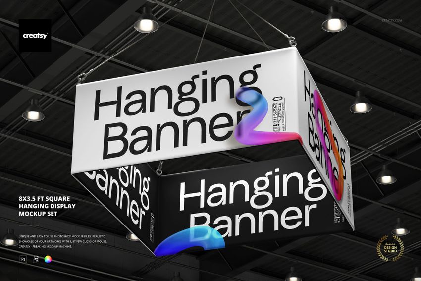 Square hanging display banner mockup suspended from a ceiling with metal cables, shown in a large indoor space.
