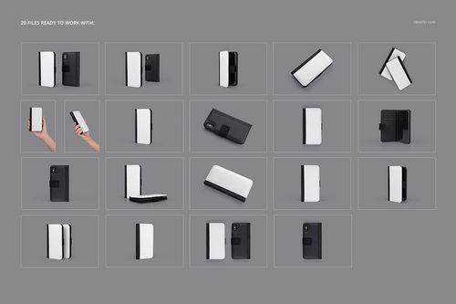 Foldable iPhone X case mockup set displayed in multiple angles and positions on a gray background.