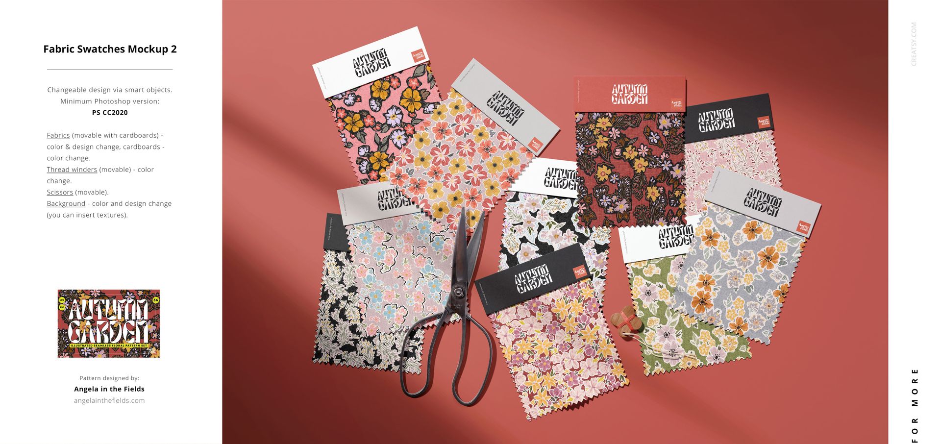 Fabric Factory PSD mockup showing colorful patterned fabric swatches and scissors on a solid pink tabletop.