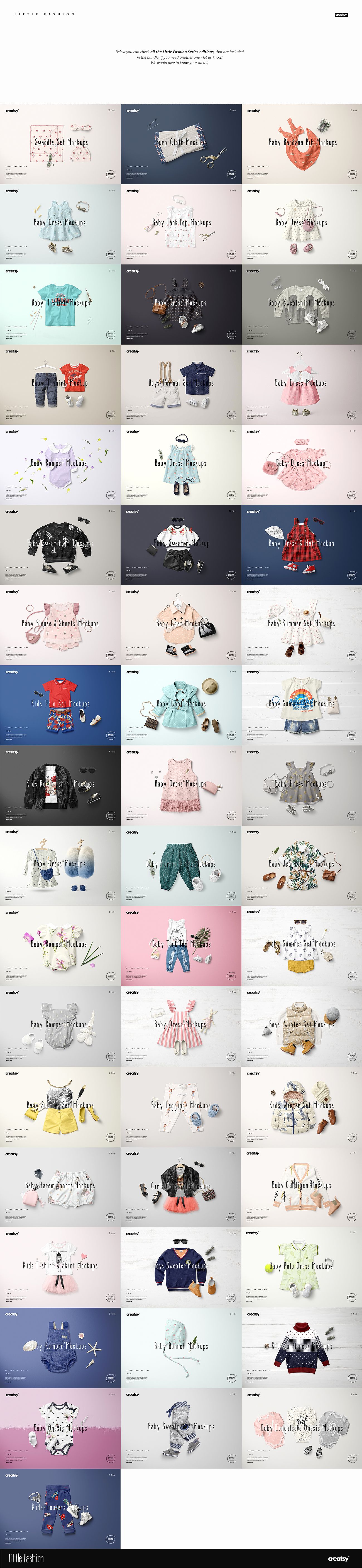 Kids apparel mockup bundle featuring various outfits like shirts, dresses, and pajamas in assorted colors and patterns.