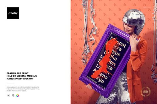 Framed Art Print Held by Woman Model’s Hands Party Mockup - mockup preview 1
