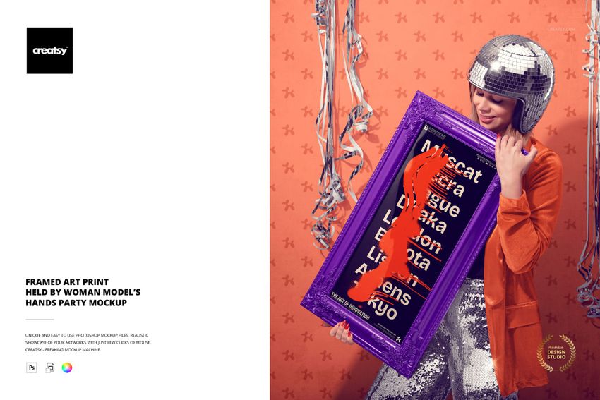 PSD mockup showing a framed art print with colorful text, held by hands in a decorated party setting.