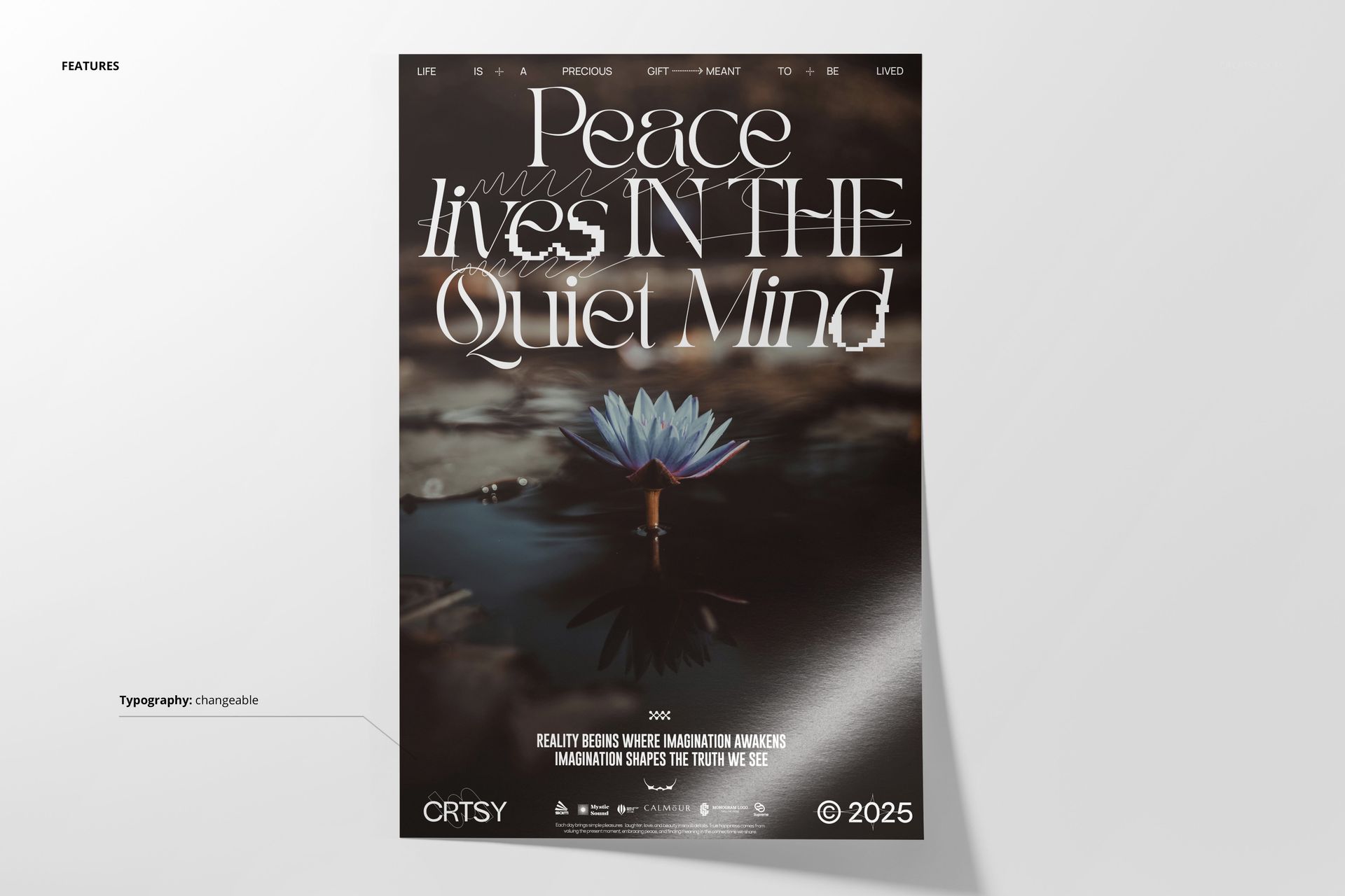 Front view of a poster mockup showing a calm water scene with a blue lily and stylized text overlay.