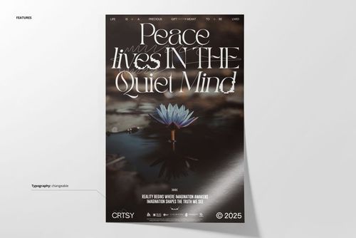 Front view of a poster mockup showing a calm water scene with a blue lily and stylized text overlay.