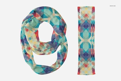 Colorful infinity scarf mockup displayed flat and folded, featuring a vibrant geometric design on white backdrop.
