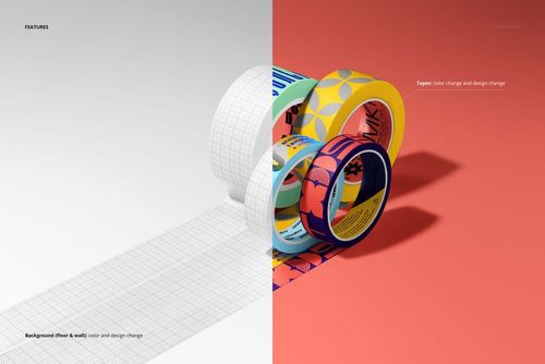 Unrolled packaging tapes mockup featuring several rolls with colorful patterns on a split white and red background.