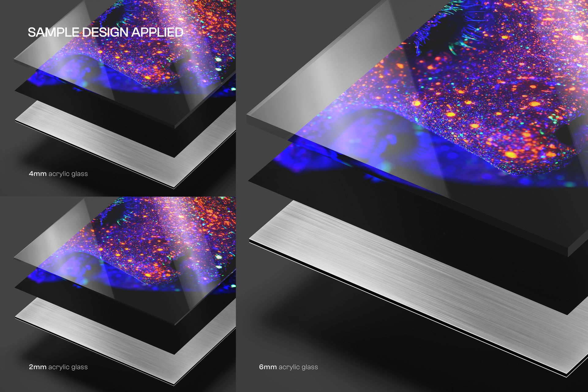 Exploded view of alu-dibond wall art mockup set with three acrylic glass thickness options and vibrant abstract print.