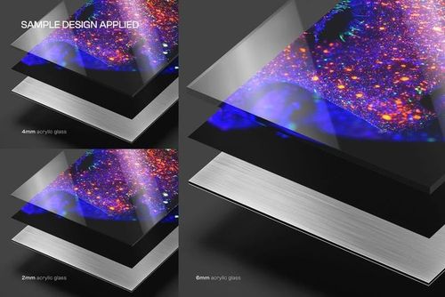 Exploded view of alu-dibond wall art mockup set with three acrylic glass thickness options and vibrant abstract print.