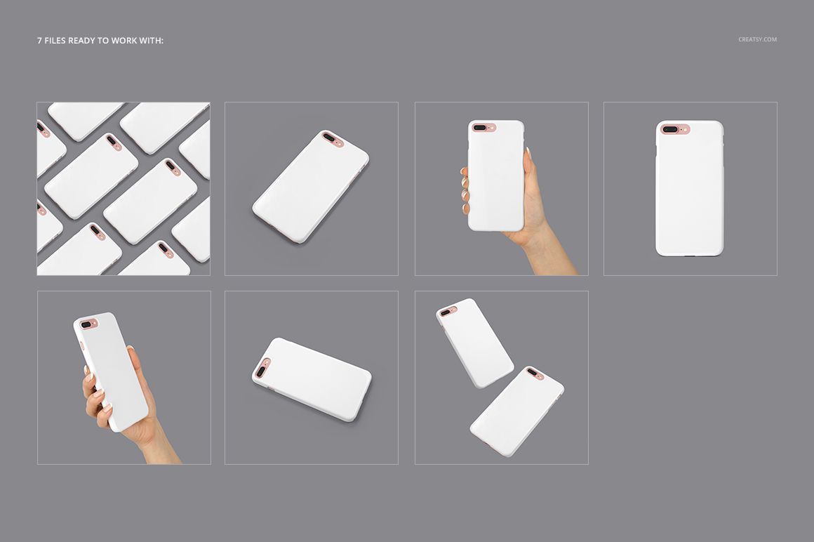Plastic case mockup for iPhone 7 Plus and 8 Plus displayed in various perspectives, including close-up and angled views.
