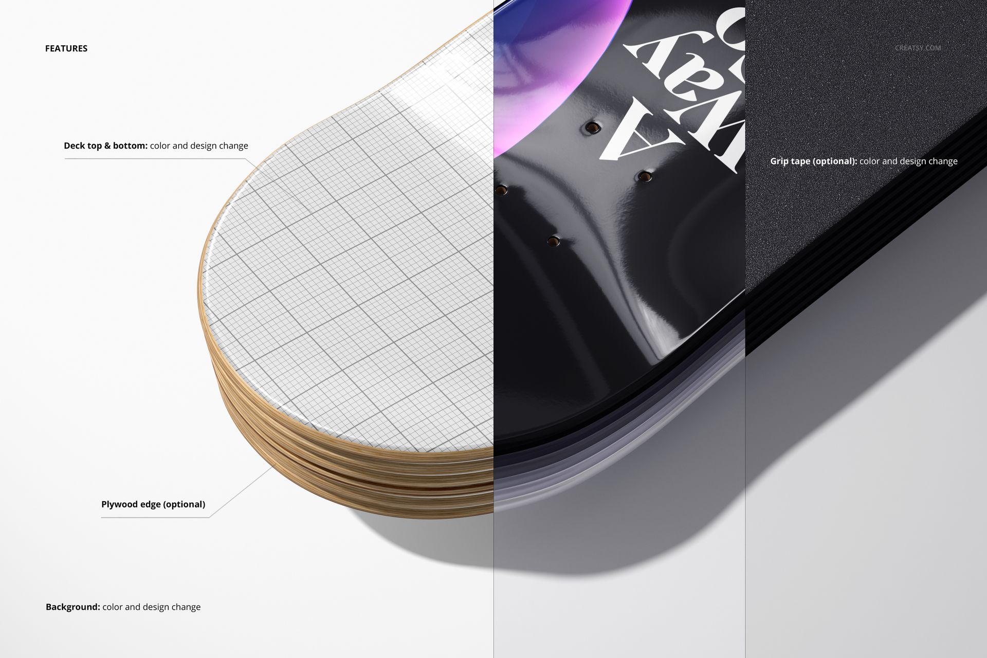 Close-up view of a skateboard deck mockup showing split design with grid pattern on one side and abstract art on the other.