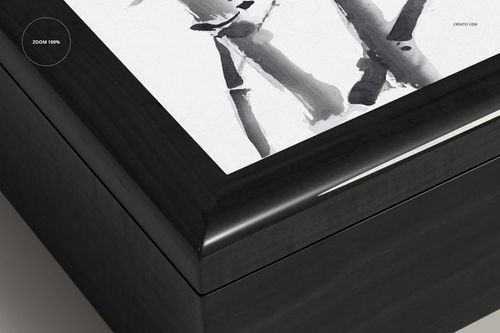 Detailed mockup of a wooden jewelry box featuring a glossy black border and ceramic tile with brushstroke pattern.