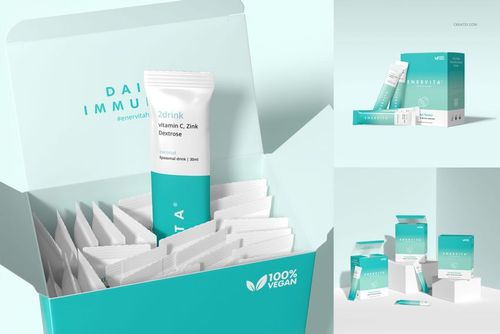 Packaging mockup set showing a box with multiple white sachets and teal accents, viewed from the front and side.