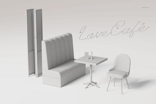 Faux leather cafe furniture set including a booth, a chair, a square table, and a folding partition, front view.
