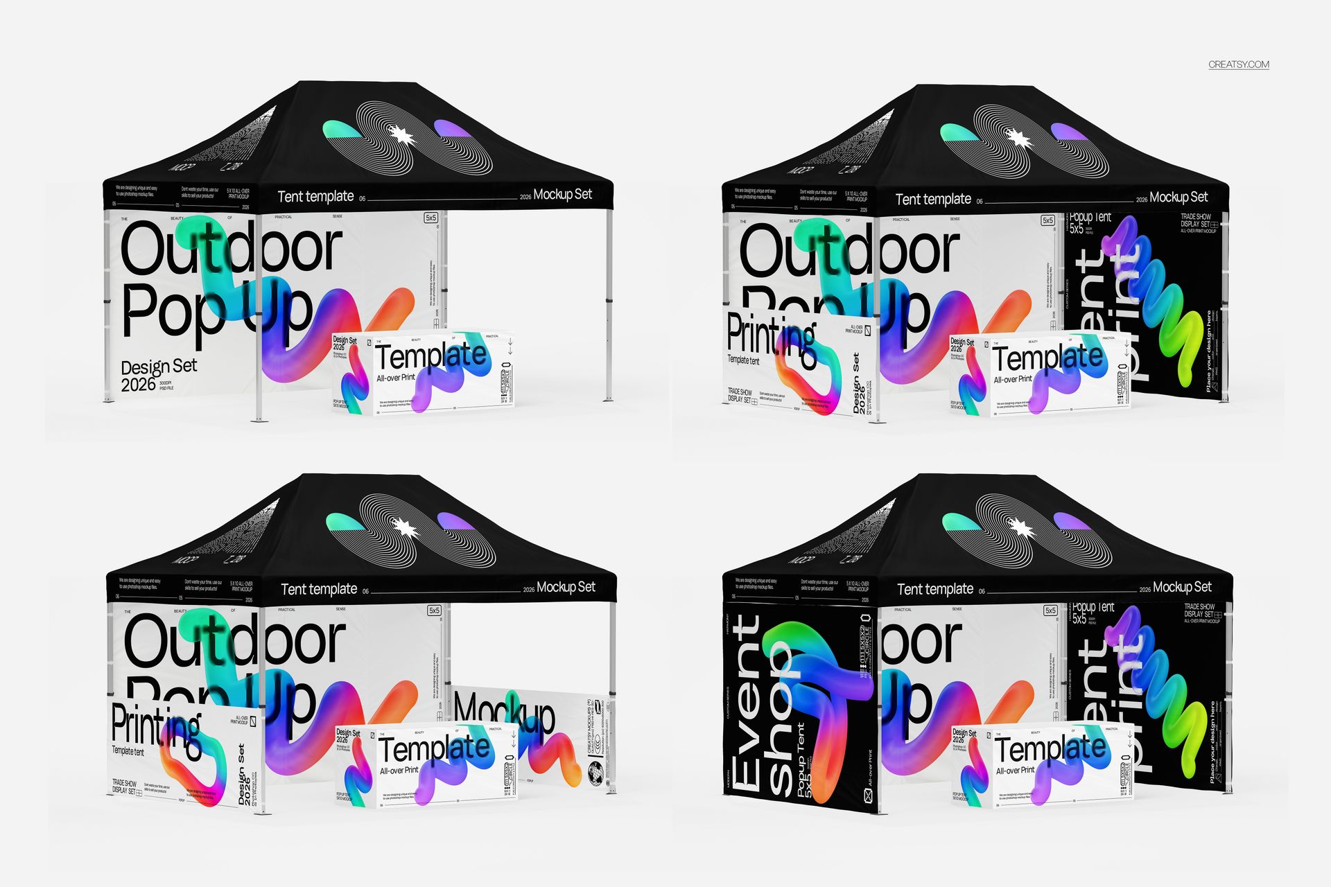 PSD mockup showing four event pop up tents in black with vibrant graphics and customizable side walls on white.
