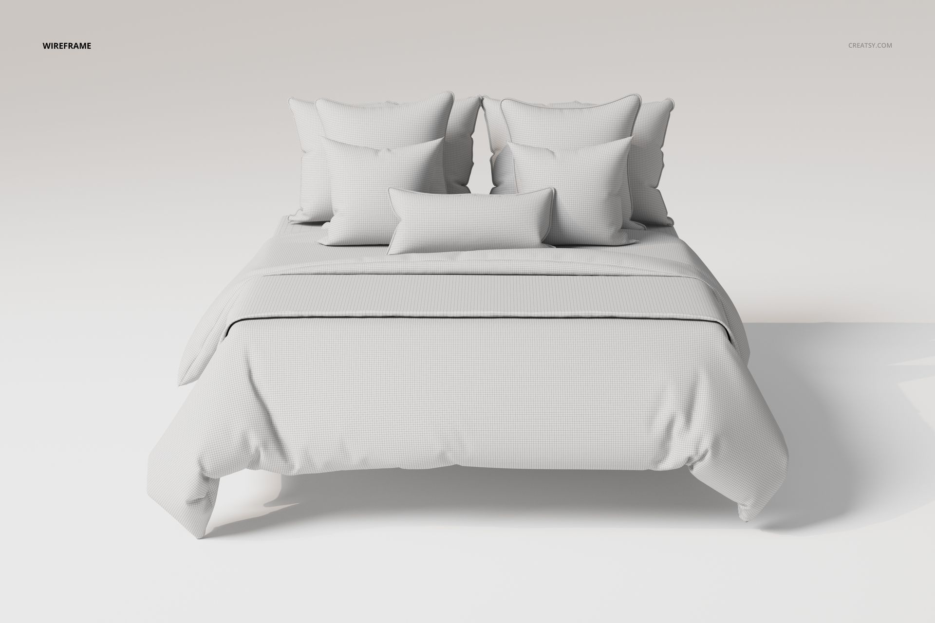 Front view of a bedding set with multiple piped pillows and a duvet, shown in a neutral wireframe style on a bed.