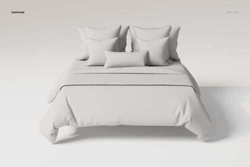Front view of a bedding set with multiple piped pillows and a duvet, shown in a neutral wireframe style on a bed.