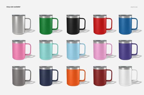 Front view of fifteen camp coffee mugs in various solid colors, arranged in three rows on a white background.
